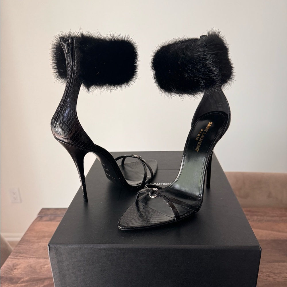 Saint Laurent Black Fur Trim Sandals